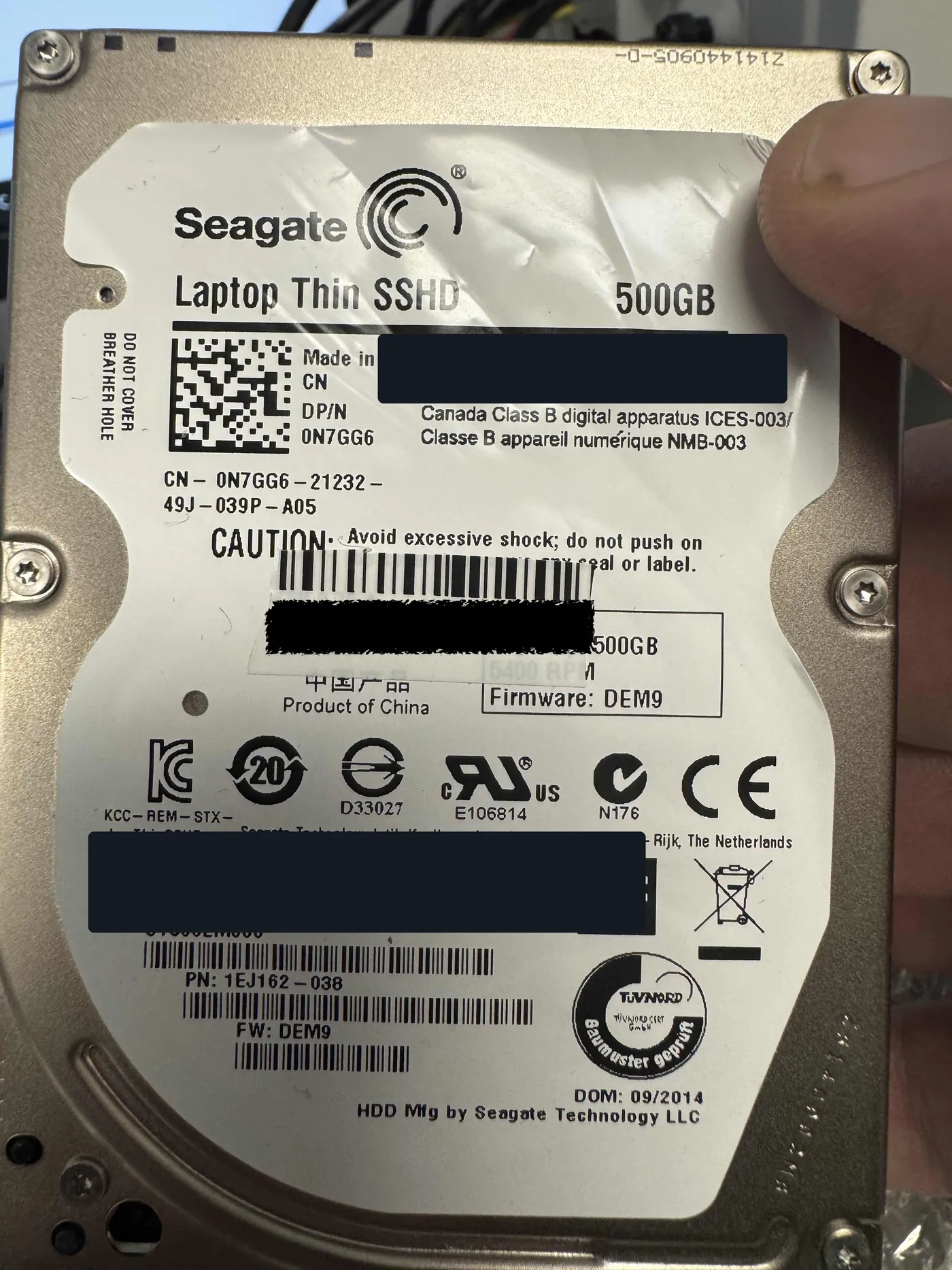 Seagate ST500LM000 500GB Laptop Thin SSHD from the recovery case with identifying numbers redacted